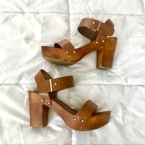 Tan Bamboo wooden block heel sandals
